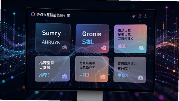 奇点火花智能灵感引擎界面,屏幕显示多组创意关键词与推荐文案卡片,背景为抽象数据流动图形,色彩渐变,科技感强