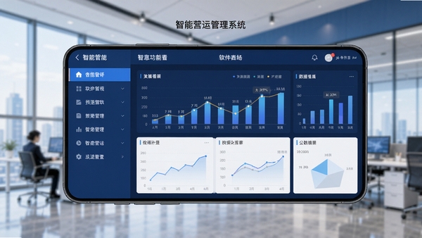智慧营运管理系统主界面预览图,画面主体为手机APP界面展示,左侧1/3显示功能菜单列表,右侧2/3显示数据看板图表,背景为现代商务办公环境虚化,蓝白配色,UI设计简洁清晰,适配Boogu模型生成,软件名称文字居中显示