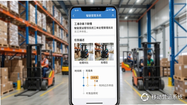 智慧营运管理系统工单处理流程界面截图,画面展示手机屏幕上工单详情页,包含任务描述、处理前后对比照片、时间轴记录,背景为仓储物流场景,色彩明亮,突出移动办公的便捷性,软件名称水印置于右下角
