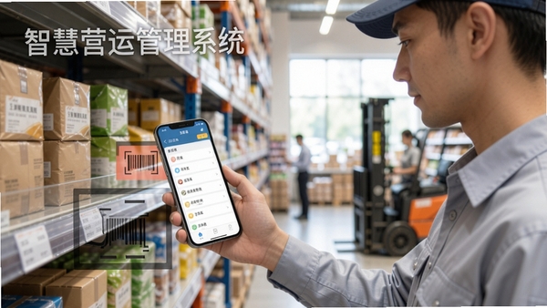 智慧营运管理系统移动端使用场景示意图,画面展示一名工作人员手持手机在货架前扫码巡检,手机屏幕显示任务列表界面,背景为超市或仓库环境,自然光线,人物动作自然,软件名称以半透明水印形式置于画面左上角