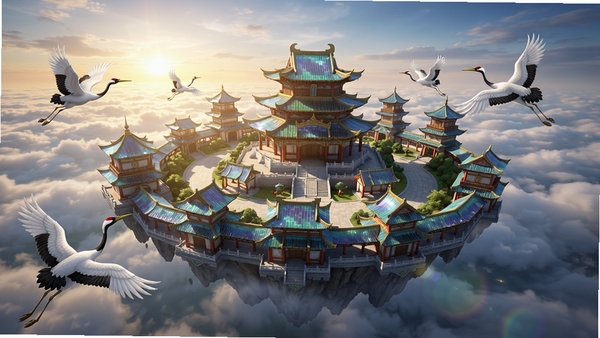 神戒游戏主城全景预览图,画面中央为一座悬浮于云海之上的仙侠风格主城,琉璃瓦顶与飞檐翘角建筑,周围有仙鹤环绕,背景是壮丽的日出云海,整体色调明亮,细节丰富,适合作为游戏宣传图