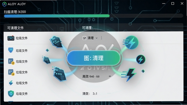 Aloy软件缓存清理功能运行截图,界面显示扫描进度条与可清理的垃圾文件分类列表,背景为深色科技纹理,中央是放大的清理按钮,周围环绕数据碎片与加速图标,突出高效、安全、智能的清理过程,整体色调以蓝色和绿色为主,视觉上传达干净利落的感受。