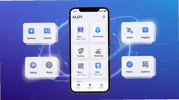 Aloy软件主界面预览图,展示其简洁的卡片式布局与功能图标,背景为渐变的蓝紫色科技感氛围,画面中央显示手机模型屏幕内运行Aloy软件,四周有柔和的光效与悬浮的功能模块元素,整体风格现代且清爽,突出软件的多功能性与易用性。