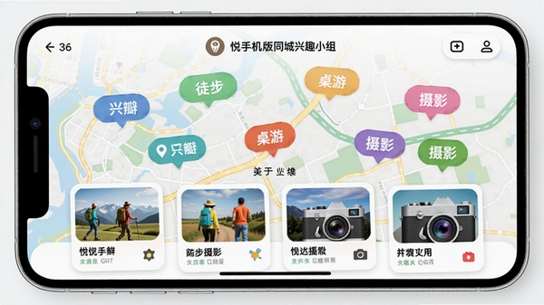 悦瓣手机版同城兴趣小组页面,地图背景上分布着不同主题的彩色标签,如徒步、桌游、摄影,界面采用卡片式布局,整体风格活泼明快,突出地理位置与兴趣结合的概念