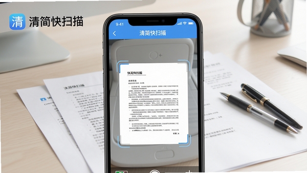 清简快扫描应用主界面,手机屏幕中显示扫描文档的预览效果,背景为整洁的办公桌面,有纸张和笔,画面明亮清晰,突出软件的简洁与高效,采用写实风格,光线自然,细节丰富,整体色调清爽,符合办公场景,配文“清简快扫描”文字标识。