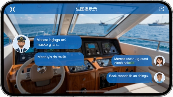 生图提示词:X游艇应用内的社交聊天界面截图,左侧为船长头像和消息气泡,右侧为用户回复,背景为游艇驾驶舱和海洋景色,界面设计清晰友好,突出实时沟通与互动,色彩以蓝色和白色为主,体现航海主题,画面干净整洁,适配手机屏幕显示