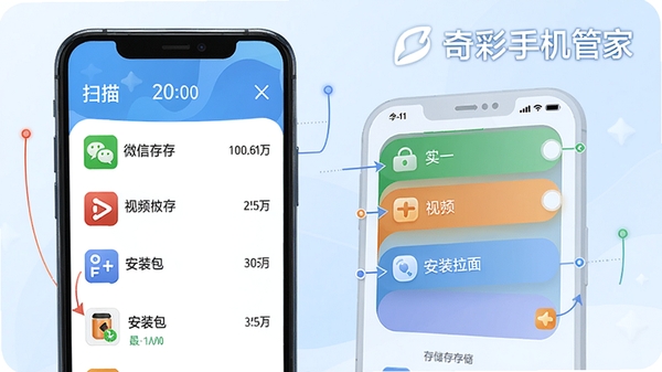 奇彩手机管家垃圾清理功能演示图,界面显示扫描出的缓存垃圾列表,包含微信缓存、视频缓存、安装包等分类,背景为手机存储空间示意图,色彩清爽,带有奇彩手机管家字样