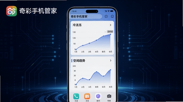 奇彩手机管家新版功能展示图,画面中央为手机屏幕,展示应用冷冻和空间趋势图界面,背景为深蓝色科技感线条,突出奇彩手机管家品牌标识