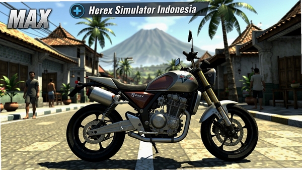 Herex Simulator Indonesia (MAX) ��Ϸ������Ԥ��ͼ��չʾһ����װĦ�г�ͣ�����ȴ�����Ľֱߣ�������ӡ����ɫ�Ľ־���Զ�����ʵĻ�ɽ����������������ϸ�ڷḻ��ǿ����Ϸ����Ĺ�ӰЧ��