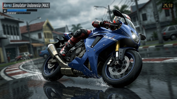 Herex Simulator Indonesia (MAX) ��Ϸ��̬��ͼ��չʾĦ�г�������ʪ��·����ѹ�䣬��̥����ˮ����������б�Ƕȴ󣬱�����ģ���Ľ־���ǿ������ģ�����ʵ�����ٶȸ�