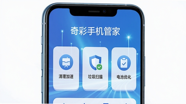 奇彩手机管家主界面展示,手机屏幕显示清理加速、垃圾扫描、电池优化三大核心功能卡片,背景为渐变蓝色科技感光效,界面简洁明亮,整体风格现代,手机居中,侧面有微光反射,突出软件名称“奇彩手机管家”字样
