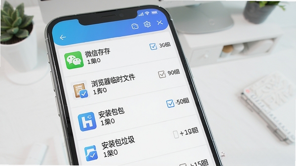 奇彩手机管家垃圾清理功能预览,手机屏幕显示扫描出的缓存垃圾列表,包含微信缓存、浏览器临时文件、安装包等条目,每个条目前有勾选框和大小标识,背景为干净整洁的桌面,软件名称“奇彩手机管家”以水印形式出现在角落