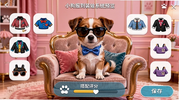 小狗报到装扮系统预览,一只戴着蝴蝶结和酷酷墨镜的小狗坐在豪华宠物沙发上,周围展示多套不同风格的服装和配饰图标,界面下方有搭配评分和保存按钮,背景是粉色的时尚房间,画面色彩丰富,风格时尚活泼