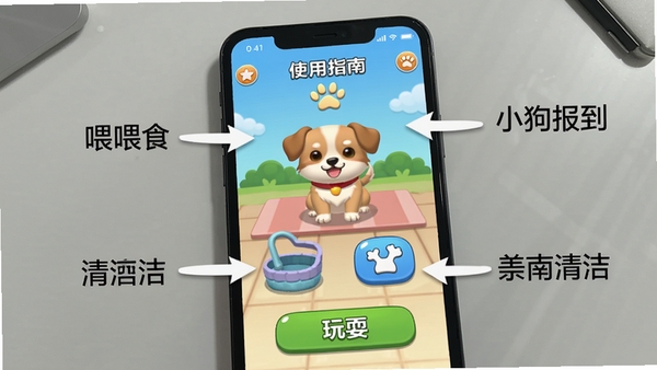 小狗报到使用指南示意图,手机屏幕上显示游戏主界面,周围有标注箭头指示喂食、清洁、玩耍等按钮位置,背景是简洁的浅灰色桌面,画面清晰,标注文字为中文,风格简洁明了