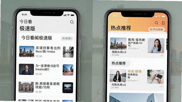 今日看闻极速版手机界面预览图,展示简洁的新闻列表和热点推荐板块,背景为浅色系,突出文字清晰度,整体风格现代且专业