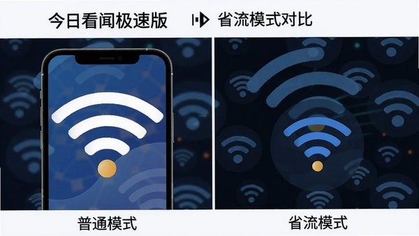今日看闻极速版省流模式对比图,左侧显示普通模式大图,右侧显示省流模式压缩图,背景为网络信号图标,强调速度优势