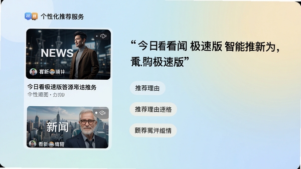 今日看闻极速版智能推荐界面示意图,左侧为新闻缩略图,右侧为标题和推荐理由标签,背景使用柔和的渐变色,体现个性化服务