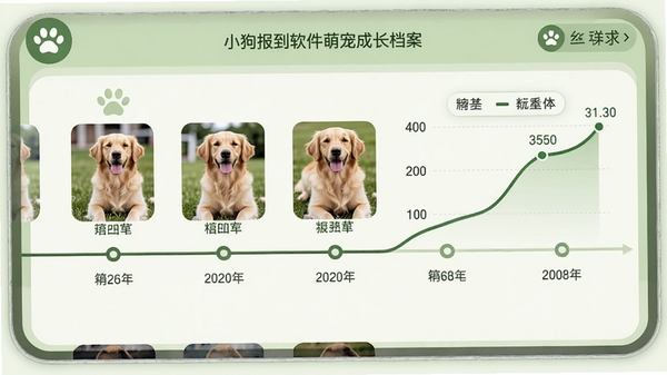 小狗报到软件萌宠成长档案功能截图,界面展示一只金毛犬的成长时间轴,包含不同年龄段的照片和体重曲线图,背景为淡绿色,图标清晰,整体风格清新简洁,突出数据记录与时间轴特色