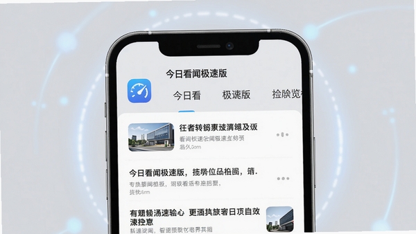今日看闻极速版主界面预览图,手机屏幕展示新闻列表,上方为分类标签栏,整体风格简洁明亮,背景为浅灰色,突出应用图标和新闻标题,画面中心聚焦于手机屏幕,周围有柔和的光晕效果,体现极速流畅的体验。