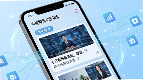 今日看闻极速版智能推荐功能展示,手机界面显示个性化新闻卡片,带有“为你推荐”标签,背景为淡蓝色科技感光效,图标周围有数据流动线条,强调算法精准匹配用户兴趣,画面清晰明亮。
