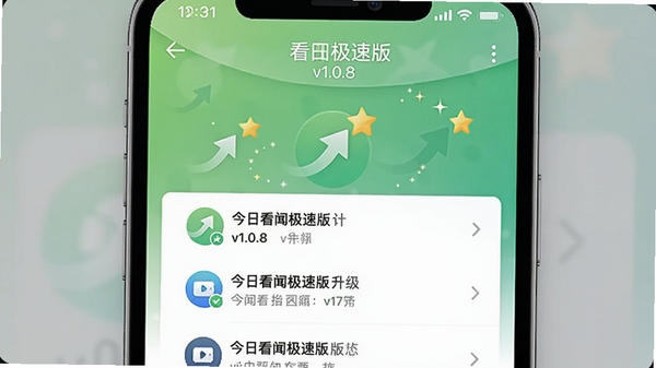今日看闻极速版版本更新日志界面,手机屏幕上显示更新说明列表,带有“v1.0.8”标题,背景为清新绿色渐变,图标周围有升级箭头和星星点缀,画面整洁直观。