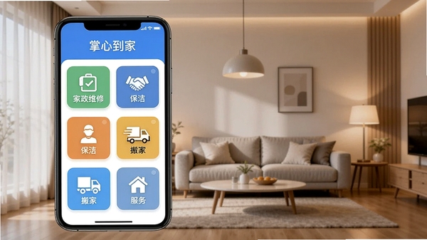 掌心到家软件主界面预览图,手机屏幕显示家政维修、保洁、搬家等服务卡片,背景为现代简约客厅,暖色调灯光,画面清晰,突出软件名称掌心到家,竖版构图