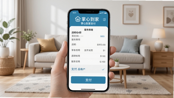 掌心到家支付页面,展示服务费用明细与支付按钮,背景为整洁的客厅环境,手机屏幕清晰可见,强调透明收费,带有掌心到家标识