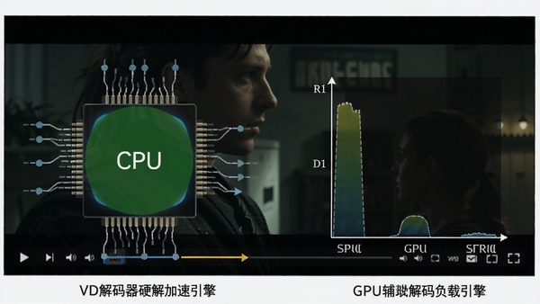 DVD������Ӳ��������湤��ʾ��ͼ������չʾCPU��GPU���ضԱȣ�����޽�����ʱCPU���أ��Ҳలװ��GPU�������븺�ؽ��ͣ�����Ϊ��Ӱ���Ż���