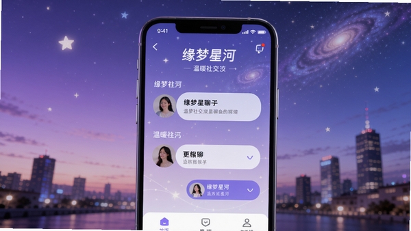 缘梦星河是一款温暖社交聊天应用,画面主体为手机屏幕中显示缘梦星河主界面,背景为柔和的渐变星空和城市夜景,整体色调以紫色和蓝色为主,营造浪漫、安全的社交氛围,适配Boogu模型生成。