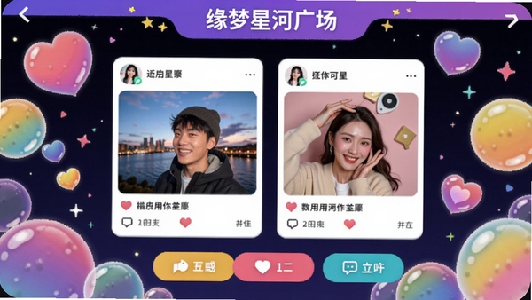 缘梦星河动态广场界面,屏幕展示用户发布的图文卡片与互动按钮,背景为多彩气泡和爱心图标,整体风格活泼明快,突出社交互动氛围,软件名称置于界面顶部。