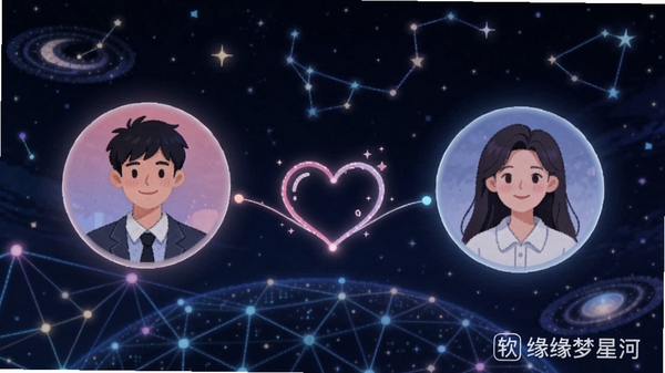 缘梦星河智能匹配功能预览,画面展示两个用户头像通过心形线路连接,背景为大数据网络与星座元素,色彩明亮,体现精准推荐与缘分连接,带有软件名称水印。