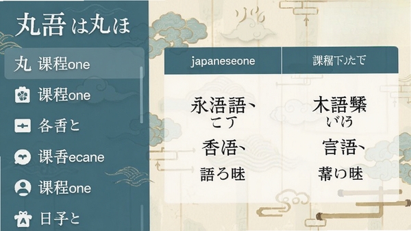 日语丸(japaneseone)主界面预览图,左侧为课程列表,右侧显示日语原文与中文翻译对照,背景为浅色和风纹理,整体界面简洁清晰,突出软件名称与文字学习功能
