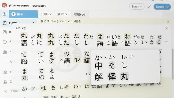 日语丸(japaneseone)的智能解析功能特写,展示日语长句中每个单词的假名标注与中文释义弹出框,背景为软件操作界面,色调明亮,强调翻译与学习的准确性