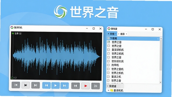 世界之音软件复读机主界面截图,展示波形显示区域、控制按钮和列表管理窗口,背景为简洁的浅蓝色调,突出软件名称logo,整体风格清晰明亮,适合软件下载站展示