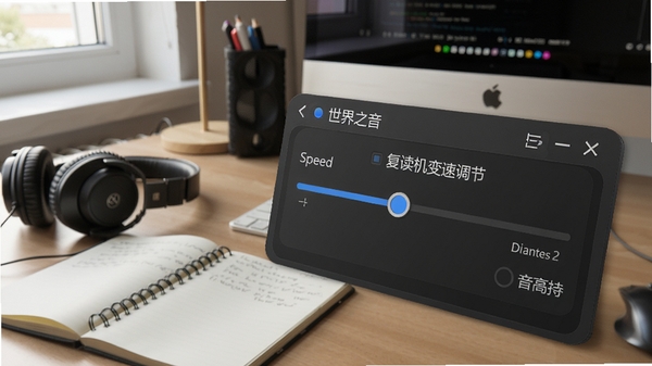 世界之音软件复读机变速调节面板特写,显示速度滑块与音高保持选项,背景为学习桌面场景,周围摆放耳机和笔记本,突出软件在语言学习中的应用场景