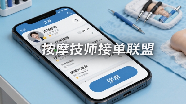 按摩技师接单联盟软件主界面预览图,手机屏幕显示订单列表、技师头像和接单按钮,背景为简洁的浅蓝色工作台场景,画面中心突出软件名称,整体风格清爽专业,适合应用商店展示