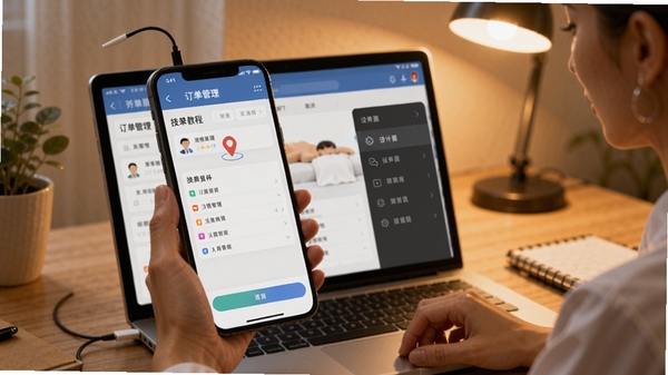 按摩技师接单联盟使用教程场景,手机连接电脑模拟器画面,屏幕显示订单管理界面,旁边有定位图标和设置菜单,背景为办公桌环境,色调温暖,强调跨设备使用技巧
