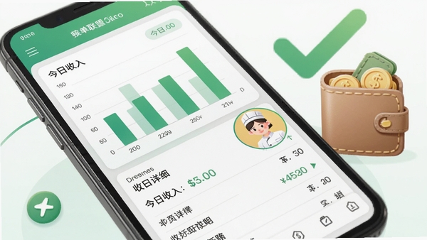 按摩技师接单联盟收益统计界面,手机屏幕显示柱状图与收入明细,技师头像旁有“今日收入”数字标识,背景为绿色对勾和钱包元素,画面简洁直观,突出财务透明特点