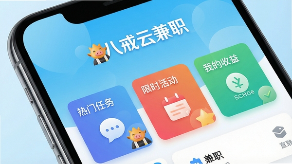 一张现代智能手机屏幕特写,屏幕中清晰展示八戒云兼职APP的主界面,界面顶部显示“八戒云兼职”品牌标识,下方排列着“热门任务”、“限时活动”、“我的收益”等彩色功能卡片,背景为干净明亮的浅蓝色渐变,整体风格简洁清新,突出软件核心功能与科技感,画面比例4:3,高清渲染