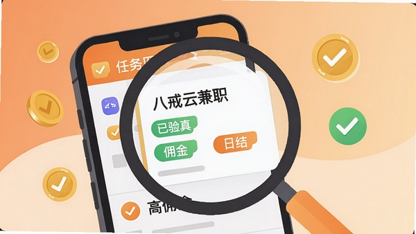 一副扁平化风格插画,画面中央是一个放大镜正在扫描手机屏幕上的任务列表,列表上清晰显示“八戒云兼职”的任务卡片,卡片上有“已验真”、“日结”、“高佣金”等标签,背景为柔和的橙色与米色渐变,四周点缀金币与对勾图标,整体色调明亮欢快,传达出真实可靠与高效匹配的寓意,画面比例4:3,细节丰富