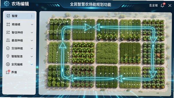 全民智慧农场智能规划功能界面截图,画面左侧是农场编辑工具栏,右侧是规划中的农田网格,有箭头指示最佳种植路线,UI设计简洁现代,带有科技感的光效,整体色调明亮
