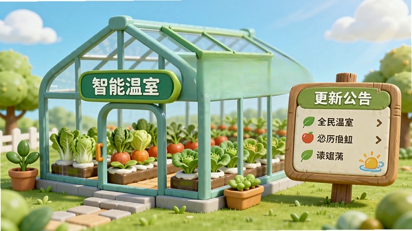全民智慧农场更新日志配图,画面展示新建筑“智能温室”的外观,玻璃温室内部有各种蔬菜,旁边有更新公告牌,整体风格清新明亮,卡通渲染,宣传图风格