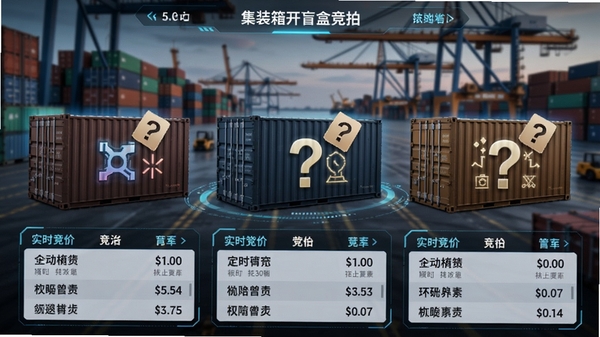 集装箱开盲盒竞拍界面截图,画面展示多个待售的集装箱,每个箱子上带有神秘的符号和问号标签,下方是实时竞价的价格列表,界面UI设计具有科技感,背景是模糊的港口仓库