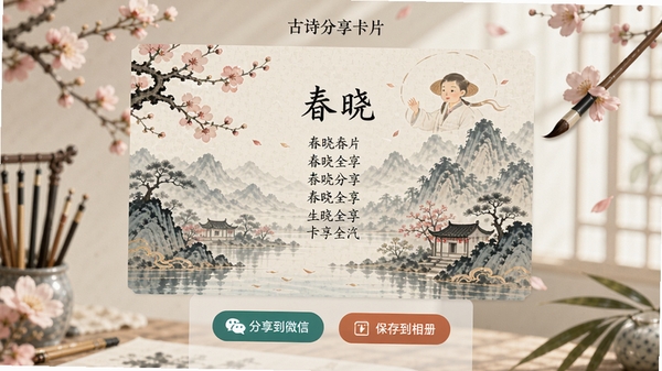 ��ʫ����APP��ʫ�ʷ�����Ƭ���ɽ��棬չʾһ�ž����Ĺŷ�ʫ�ʿ�Ƭ����Ƭ���С�������ȫʫ��ɽˮ�������·��С�������΢�š������浽��ᡱ��ť������Ψ�������д����С�