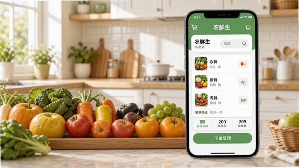 农鲜生应用主界面预览图,展示新鲜蔬果陈列与简洁下单流程,背景为明亮厨房场景,色彩鲜艳,细节丰富,适配Boogu模型生成