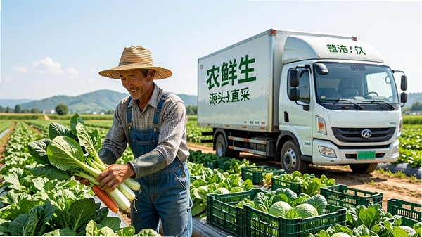农鲜生源头直采场景,展示农民在田间采摘蔬菜,旁边有冷链运输车,画面明亮自然,突出新鲜与安全,细节丰富