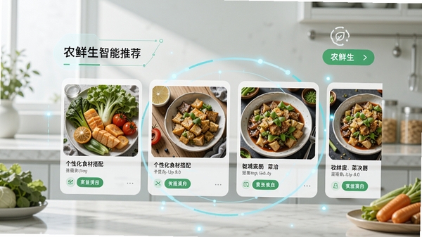 农鲜生智能推荐页面,展示个性化食材搭配与菜谱卡片,背景柔和,界面清晰,突出科技感与便利性