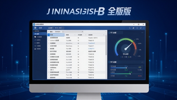 一幅展示大学英语B 全新版软件主界面的高清电脑截图,画面中央是清晰的题库列表与学习进度仪表盘,背景为深蓝色科技感渐变,整体风格简洁明亮,突出软件的专业性与现代感,用于软件下载页首屏展示