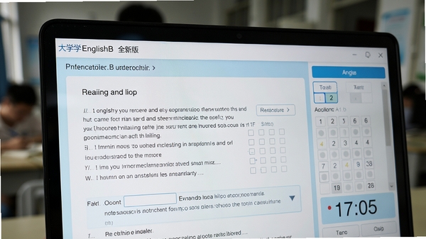 大学英语B 全新版软件内真题练习界面的局部特写,屏幕显示阅读理解题型,右侧有答题卡与倒计时,整体界面以白色和淡蓝色为主,清晰展示做题状态,背景虚化处理