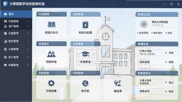 大拇指数字化校园单机版主界面截图,展示校园管理软件的功能模块布局,左侧导航栏,右侧数据展示区域,背景为简洁的学校教学楼轮廓,整体风格商务清晰,博古AI生成